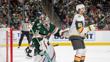 Apr 24, 2025; Saint Paul, Minnesota, USA; Vegas Golden Knights right wing Mark Stone (61) blocks the vision of Minnesota Wild goaltender Filip Gustavsson (32) late in the third period in game three of the first round of the 2025 Stanley Cup Playoffs at Xcel Energy Center. Mandatory Credit: Matt Blewett-Imagn Images