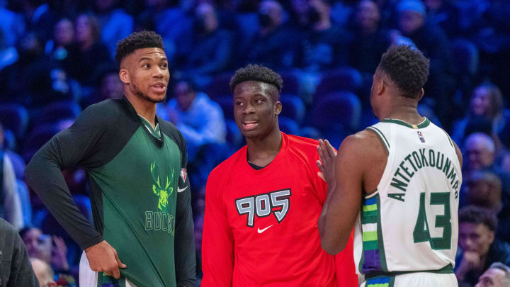 February 19, 2022; Cleveland, OH, USA; Team Antetokounmpo player Giannis Antetokounmpo of the Milwaukee Bucks (34), Team Antetokounmpo player Alex Antetokounmpo of the Raptors 905 of the NBA G League (29), Team Antetokounmpo player Thanasis Antetokounmpo of the Milwaukee Bucks (43) during the Skills Challenge during the 2022 NBA All-Star Saturday Night at Rocket Mortgage Field House. Mandatory Credit: Kyle Terada-USA TODAY Sports