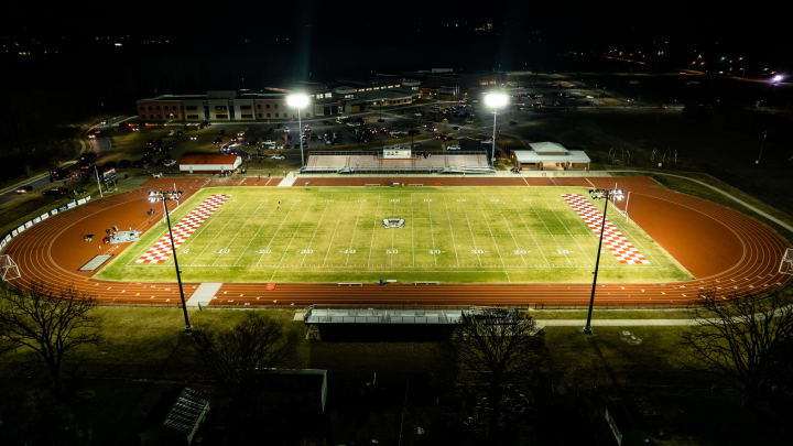 Aerial view of Schollenberger Field after a DIAA Class 1A semifinals game between Indian River and Laurel.

Diaa Semifinals Finals Playoff Football 2021 Dec 03 Laurel Bulldogs Defeated Indian River Indian 33 0