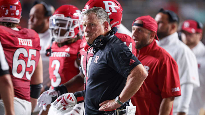 Aug 29, 2024; Piscataway, New Jersey, USA; Rutgers Scarlet Knights head coach Greg Schiano looks on during the second half against the Howard Bison at SHI Stadium. Mandatory Credit: Vincent Carchietta-Imagn Images Aug 29, 2024; Piscataway, New Jersey, USA; Rutgers Scarlet Knights head coach Greg Schiano looks on during the second half against the Howard Bison at SHI Stadium. Mandatory Credit: Vincent Carchietta-Imagn Images