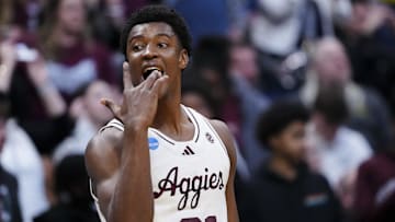 March 20, 2025; Denver, CO, USA; Texas A&M Aggies forward Pharrel Payne (21) reacts after the win over Yale Bulldogs at Ball Arena. Mandatory Credit: Ron Chenoy-Imagn Images