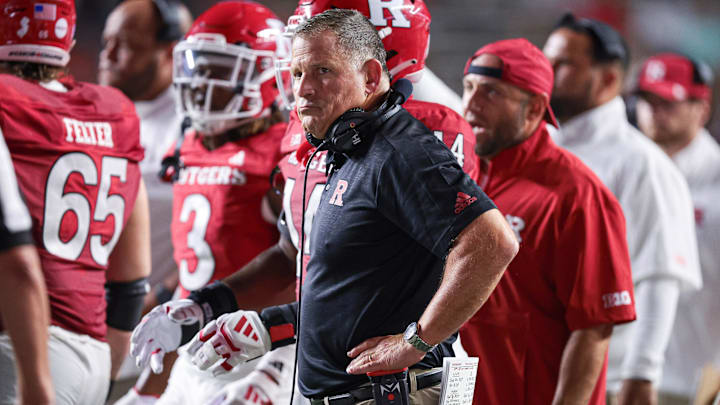 Aug 29, 2024; Piscataway, New Jersey, USA; Rutgers Scarlet Knights head coach Greg Schiano looks on during the second half against the Howard Bison at SHI Stadium. Mandatory Credit: Vincent Carchietta-Imagn Images