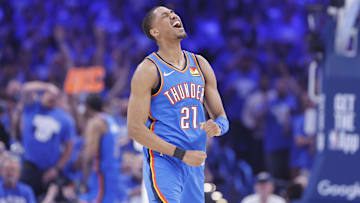 May 18, 2025; Oklahoma City, Oklahoma, USA; Oklahoma City Thunder guard Aaron Wiggins (21) screams after scoring against the Denver Nuggets in the second quarter during game seven of the second round for the 2025 NBA Playoffs at Paycom Center. Mandatory Credit: Alonzo Adams-Imagn Images