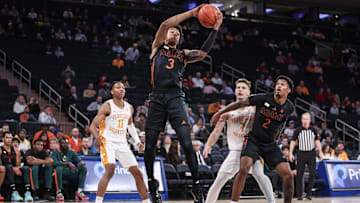 Dec 10, 2024; New York, New York, USA;  Miami Hurricanes guard Jalil Bethea (3) grabs a rebound in the first half against the Tennessee Volunteers at Madison Square Garden. Mandatory Credit: Wendell Cruz-Imagn Images