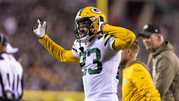 Nov 27, 2022; Philadelphia, Pennsylvania, USA; Green Bay Packers cornerback Jaire Alexander (23) reacts to Philadelphia Eagles fans after an apparent injury during the fourth quarter at Lincoln Financial Field. Mandatory Credit: Bill Streicher-Imagn Images