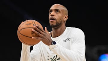 Jan 4, 2025; Milwaukee, Wisconsin, USA; Milwaukee Bucks forward Khris Middleton (22) warms up before game against the Portland Trail Blazers at Fiserv Forum. Mandatory Credit: Benny Sieu-Imagn Images
