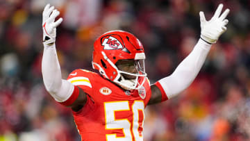 Jan 13, 2024; Kansas City, Missouri, USA; Kansas City Chiefs linebacker Willie Gay (50) celebrates during the second half of a 2024 AFC wild card game against the Miami Dolphins at GEHA Field at Arrowhead Stadium. Mandatory Credit: Jay Biggerstaff-USA TODAY Sports