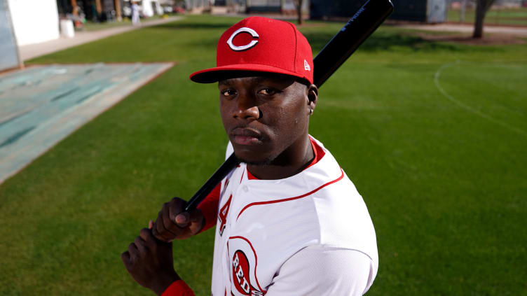 Cincinnati Reds outfielder Aristides Aquino (44), pictured.