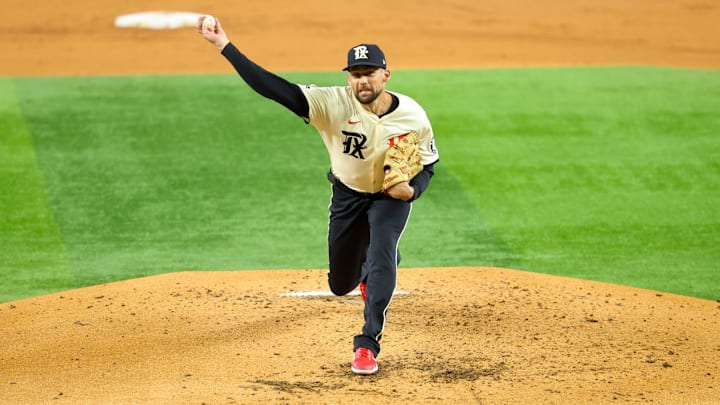 Jun 27, 2025; Arlington, Texas, USA;  Texas Rangers starting pitcher Nathan Eovaldi (17) throws during the third inning against the Seattle Mariners at Globe Life Field. 