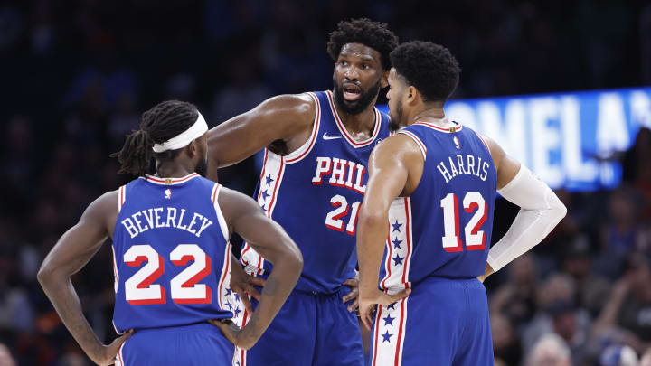 Nov 25, 2023; Oklahoma City, Oklahoma, USA; Philadelphia 76ers center Joel Embiid (21) talks to guard Patrick Beverley (22) and forward Tobias Harris (12) during a time out against the Oklahoma City Thunder during the second half at Paycom Center. Mandatory Credit: Alonzo Adams-USA TODAY Sports