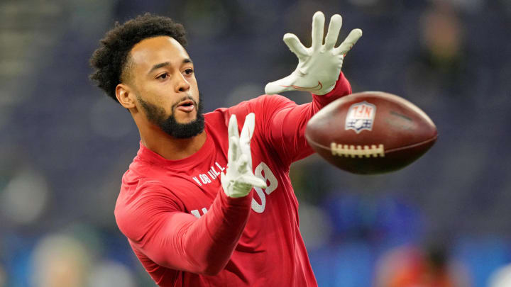 Mar 4, 2023; Indianapolis, IN, USA; Fresno State wide receiver Jalen Cropper (WO09) participates in drills at Lucas Oil Stadium. 