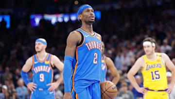 Apr 8, 2025; Oklahoma City, Oklahoma, USA; Oklahoma City Thunder guard Shai Gilgeous-Alexander (2) prepares to shoot a free throw against the Los Angeles Lakers during the second half at Paycom Center. Mandatory Credit: Alonzo Adams-Imagn Images