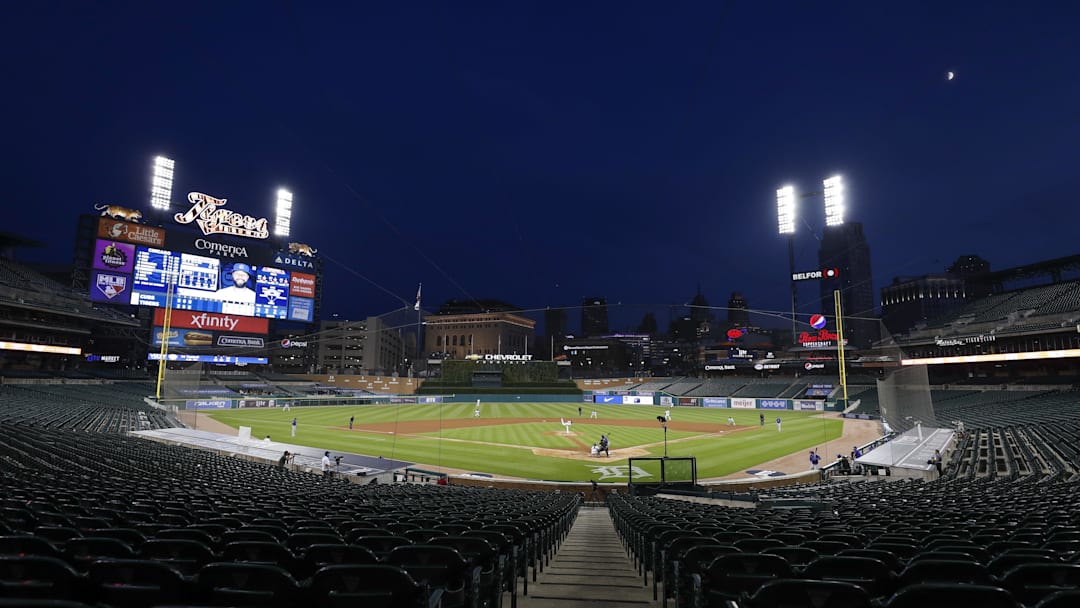Aug 25, 2020; Detroit, Michigan, USA; A wide view from behind home plate as Detroit Tigers starting pitcher Spencer Turnbull (56) pitches to Chicago Cubs right fielder Jason Heyward (22) during the fourth inning at Comerica Park.