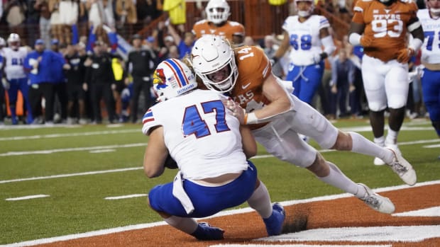 Nov 13, 2021; Austin, Texas, USA; Kansas Jayhawks fullback Jared Casey (47) catches a pass for the game winning two point