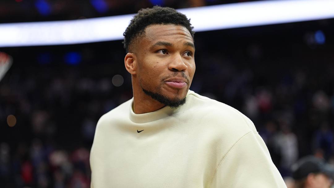 Apr 12, 2026; Philadelphia, Pennsylvania, USA; Milwaukee Bucks forward Giannis Antetokounmpo looks on after the game against the Philadelphia 76ers at Xfinity Mobile Arena. Mandatory Credit: Kyle Ross-Imagn Images