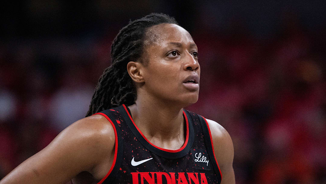 Sep 28, 2025; Indianapolis, Indiana, USA; Indiana Fever guard Kelsey Mitchell (0) in the second half during game four against the Las Vegas Aces of the second round for the 2025 WNBA Playoffs at Gainbridge Fieldhouse. Mandatory Credit: Trevor Ruszkowski-Imagn Images