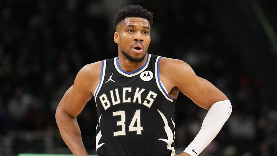 Jan 23, 2026; Milwaukee, Wisconsin, USA;  Milwaukee Bucks forward Giannis Antetokounmpo (34) looks on during the second quarter against the Denver Nuggets at Fiserv Forum. Mandatory Credit: Jeff Hanisch-Imagn Images