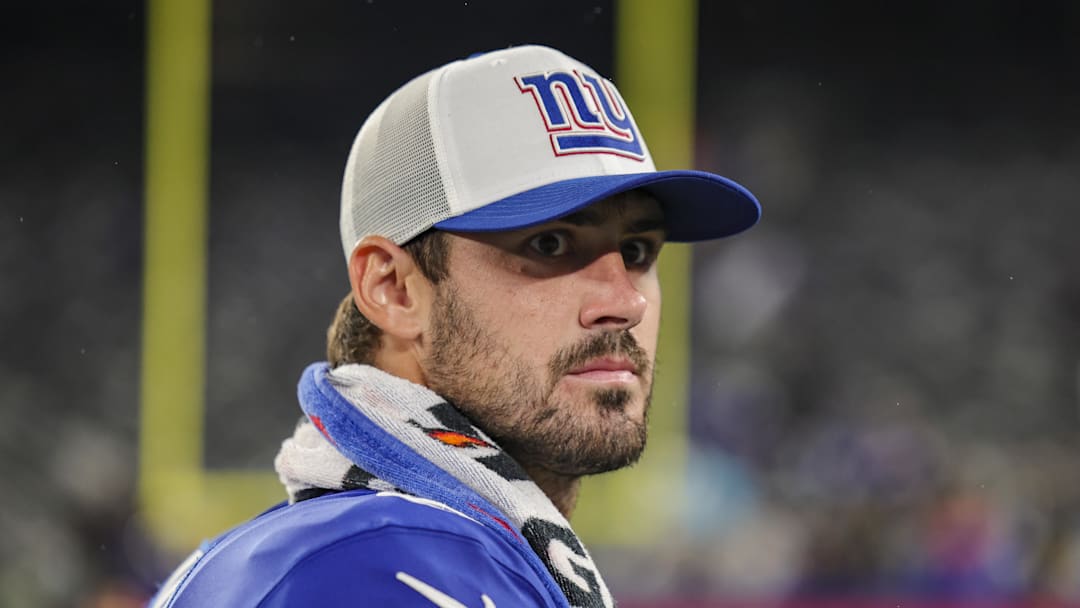 Aug 8, 2024; East Rutherford, New Jersey, USA;  New York Giants quarterback Daniel Jones (8) looks around after the preseason game between the New York Giants and Detroit Lions at MetLife Stadium. 