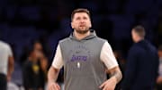 Apr 22, 2025; Los Angeles, California, USA; Los Angeles Lakers guard Luka Doncic (77) warms up before a game two of first round for the 2024 NBA Playoffs against the Minnesota Timberwolves at Crypto.com Arena. Mandatory Credit: Kiyoshi Mio-Imagn Images