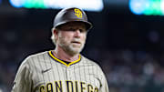 Jun 13, 2025; Phoenix, Arizona, USA; San Diego Padres third base coach Tim Leiper against the Arizona Diamondbacks at Chase Field. Mandatory Credit: Mark J. Rebilas-Imagn Images