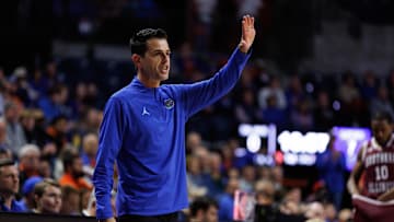 Nov 22, 2024; Gainesville, Florida, USA; Florida Gators head coach Todd Golden gestures from the sidelines against the Southern Illinois Salukis during the first half at Exactech Arena at the Stephen C. O'Connell Center. Mandatory Credit: Matt Pendleton-Imagn Images