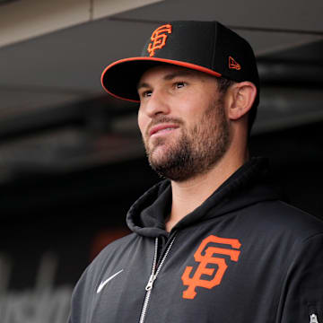 Apr 6, 2024; San Francisco, California, USA; San Francisco Giants pitcher Tristan Beck (43) before the game against the San Diego Padres at Oracle Park. Mandatory Credit: Darren Yamashita-Imagn Images