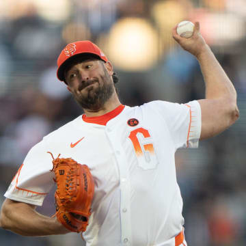 Aug 20, 2024; San Francisco, California, USA;  San Francisco Giants pitcher Robbie Ray (23) pitches during the first inning against the Chicago White Sox at Oracle Park.