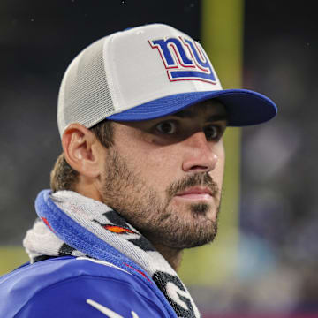 Aug 8, 2024; East Rutherford, New Jersey, USA;  New York Giants quarterback Daniel Jones (8) looks around after the preseason game between the New York Giants and Detroit Lions at MetLife Stadium. 