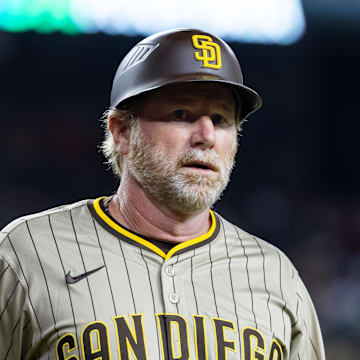 Jun 13, 2025; Phoenix, Arizona, USA; San Diego Padres third base coach Tim Leiper against the Arizona Diamondbacks at Chase Field. Mandatory Credit: Mark J. Rebilas-Imagn Images