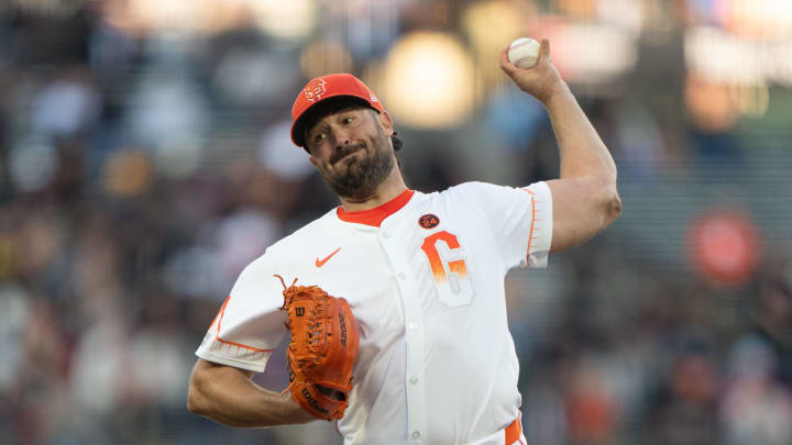 Aug 20, 2024; San Francisco, California, USA;  San Francisco Giants pitcher Robbie Ray (23) pitches during the first inning against the Chicago White Sox at Oracle Park.