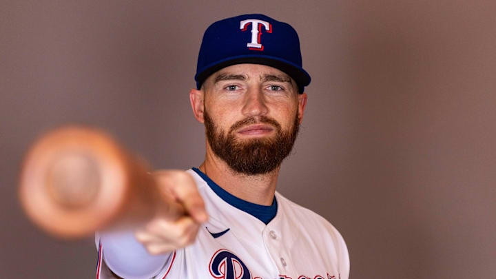 Feb 17, 2026; Surprise, AZ, USA; Texas Rangers outfielder Brandon Nimmo during media day at Surprise Sports Complex. Mandatory Credit: Arianna Grainey-Imagn Images