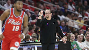 Mar 17, 2025; Houston, Texas, USA; Philadelphia 76ers head coach Nick Nurse reacts during the fourth quarter against the Houston Rockets at Toyota Center. Mandatory Credit: Troy Taormina-Imagn Images