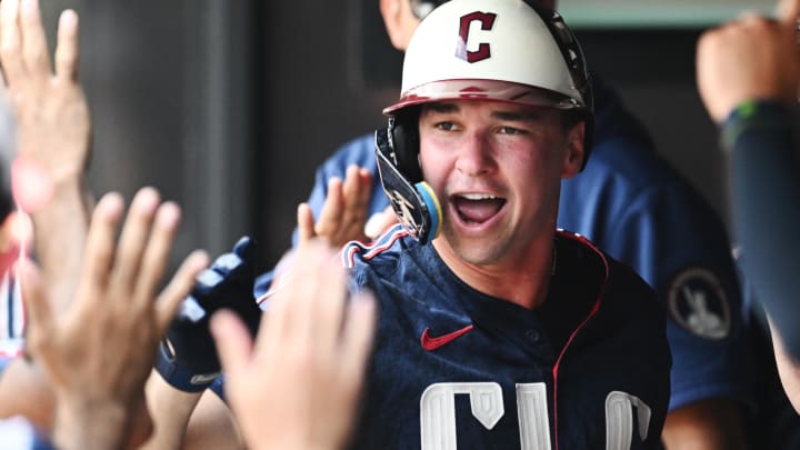 Jun 20, 2024; Cleveland, Ohio, USA; Cleveland Guardians right fielder Will Brennan (17) celebrates after hitting a home run during the second inning against the Seattle Mariners at Progressive Field. Mandatory Credit: Ken Blaze-USA TODAY Sports