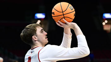 Mar 20, 2025; Cleveland, OH, USA; Alabama Crimson Tide forward Grant Nelson (4) shoots during practice at Rocket Arena. Mandatory Credit: Ken Blaze-Imagn Images
