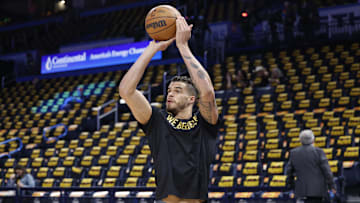 May 7, 2025; Oklahoma City, Oklahoma, USA; Denver Nuggets forward Michael Porter Jr. warms up before the start of game two of the second round against the Oklahoma City Thunder for the 2025 NBA Playoffs at Paycom Center. Mandatory Credit: Alonzo Adams-Imagn Images