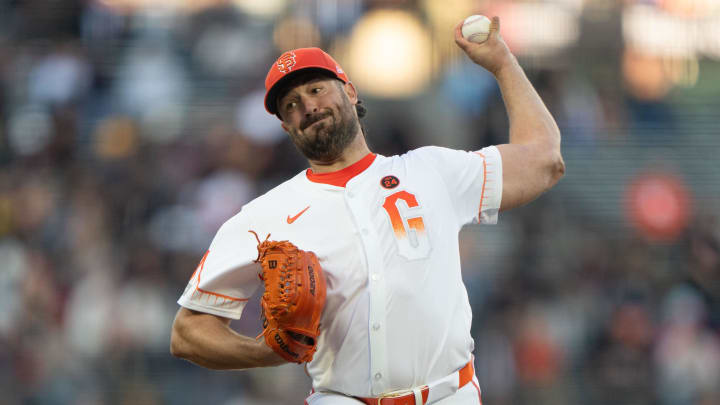 Aug 20, 2024; San Francisco, California, USA;  San Francisco Giants pitcher Robbie Ray (23) pitches during the first inning against the Chicago White Sox at Oracle Park.