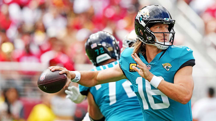Sep 28, 2025; Santa Clara, California, USA; Jacksonville Jaguars quarterback Trevor Lawrence (16) throws a pass during the second half against the San Francisco 49ers at Levi's Stadium. Mandatory Credit: Darren Yamashita-Imagn Images Sep 28, 2025; Santa Clara, California, USA; Jacksonville Jaguars quarterback Trevor Lawrence (16) throws a pass during the second half against the San Francisco 49ers at Levi's Stadium. Mandatory Credit: Darren Yamashita-Imagn Images