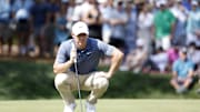 Mar 15, 2025; Ponte Vedra Beach, Florida, USA; Rory Mcllroy lines up a putt on the fifth green during the third round of The Players Championship golf tournament. Mandatory Credit: Jeff Swinger-Imagn Images