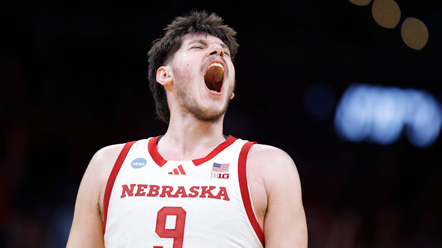 Nebraska Cornhuskers forward Berke Büyüktuncel celebrates during a first-round game in the NCAA men's basketball tournament.