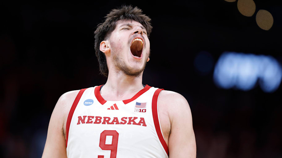 Nebraska Cornhuskers forward Berke Buyuktuncel celebrates during a first-round game against Troy.