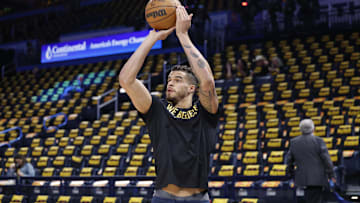 May 7, 2025; Oklahoma City, Oklahoma, USA; Denver Nuggets forward Michael Porter Jr. warms up before the start of game two of the second round against the Oklahoma City Thunder for the 2025 NBA Playoffs at Paycom Center. Mandatory Credit: Alonzo Adams-Imagn Images