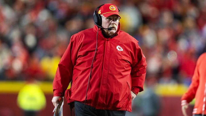 Jan 26, 2025; Kansas City, MO, USA; Kansas City Chiefs head coach Andy Reid against the Buffalo Bills during the AFC Championship game at GEHA Field at Arrowhead Stadium. Mandatory Credit: Mark J. Rebilas-Imagn Images
