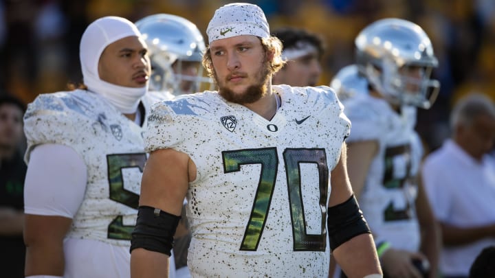 Nov 18, 2023; Tempe, Arizona, USA; Oregon Ducks offensive lineman Charlie Pickard (70) against the Arizona State Sun Devils at Mountain America Stadium. Mandatory Credit: Mark J. Rebilas-USA TODAY Sports