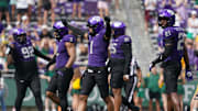 Oct 18, 2025; Fort Worth, Texas, USA; TCU Horned Frogs safety Austin Jordan (1) reacts to a defensive play against the Baylor Bears during the second half of a game at Amon G. Carter Stadium. Mandatory Credit: Raymond Carlin III-Imagn Images