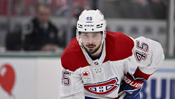Jan 16, 2025; Dallas, Texas, USA; Montreal Canadiens defenseman Alexandre Carrier (45) waits for the face-off against the Dallas Stars during the third period at the American Airlines Center. Mandatory Credit: Jerome Miron-Imagn Images