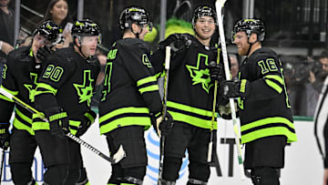 Dec 31, 2023; Dallas, Texas, USA; Dallas Stars defenseman Miro Heiskanen (4) and \24#2\ and center