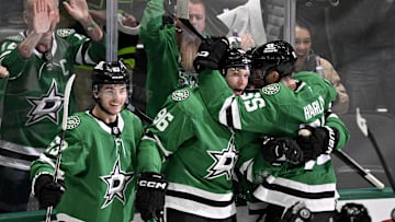May 3, 2025; Dallas, Texas, USA; Dallas Stars right wing Mikko Rantanen (96) and center Tyler Seguin (91) and center Wyatt Johnston (53) and defenseman Thomas Harley (55) celebrates a goal scored by Rantanen during the game between the Dallas Stars and the Colorado Avalanche in game seven of the first round of the 2025 Stanley Cup Playoffs at American Airlines Center. Mandatory Credit: Jerome Miron-Imagn Images