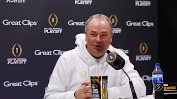 Jan 18, 2025; Atlanta, GA, USA; Notre Dame Fighting Irish offensive coordinator Mike Denbrock talks to the media during 2025 CFP National Championship Media Day at Georgia World Congress Center, Building A. Mandatory Credit: Brett Davis-Imagn Images