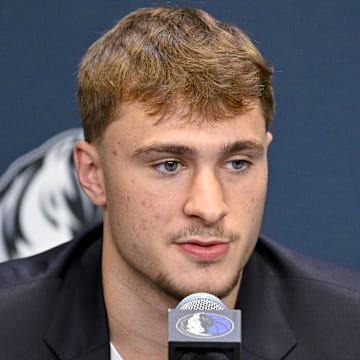 Dallas Mavericks first overall pick Cooper Flagg speaks to the media during a press conference.