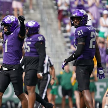 Oct 18, 2025; Fort Worth, Texas, USA; TCU Horned Frogs safety Austin Jordan (1) reacts to a defensive play against the Baylor Bears during the second half of a game at Amon G. Carter Stadium. Mandatory Credit: Raymond Carlin III-Imagn Images